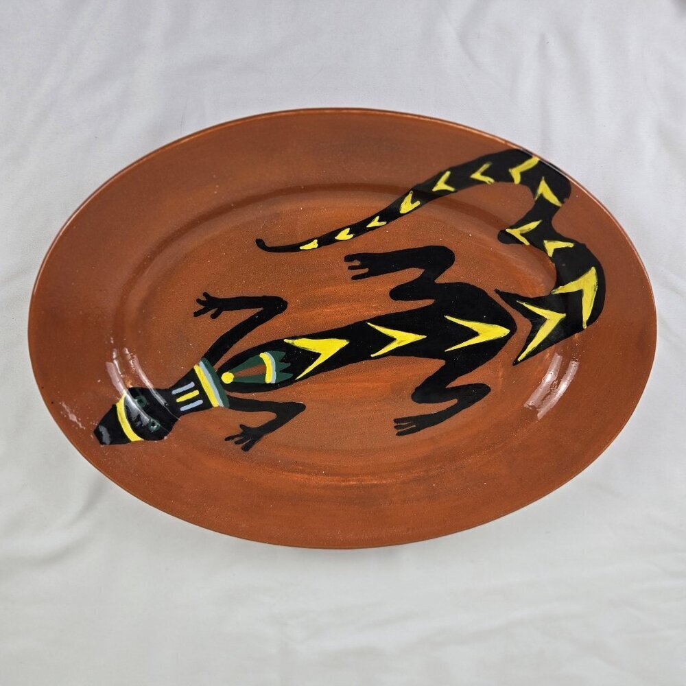 Ceramic Hand Painted Terracotta Colored Platter with Black Yellow Striped Gecko